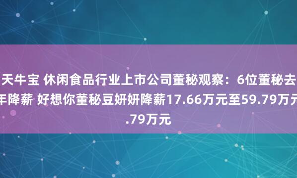 天牛宝 休闲食品行业上市公司董秘观察:6位董秘去年降薪 好想你董秘豆妍妍降薪17.66万元至59.79万元